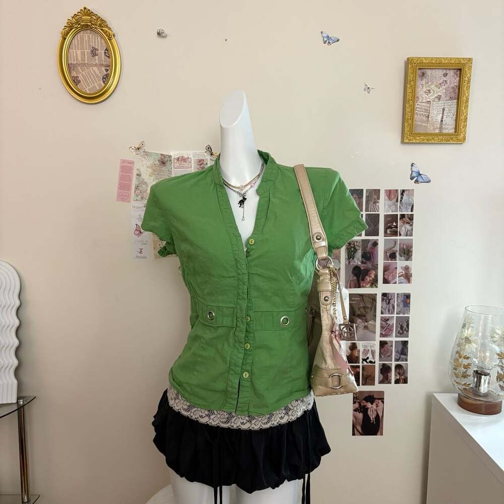 Carole Little Green Linen Blend Short Sleeve Button Front Top Size M